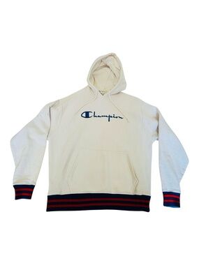 Champion Sweater Reverse Weave Hoodie Rare White Blue Red Adult Large Vintage